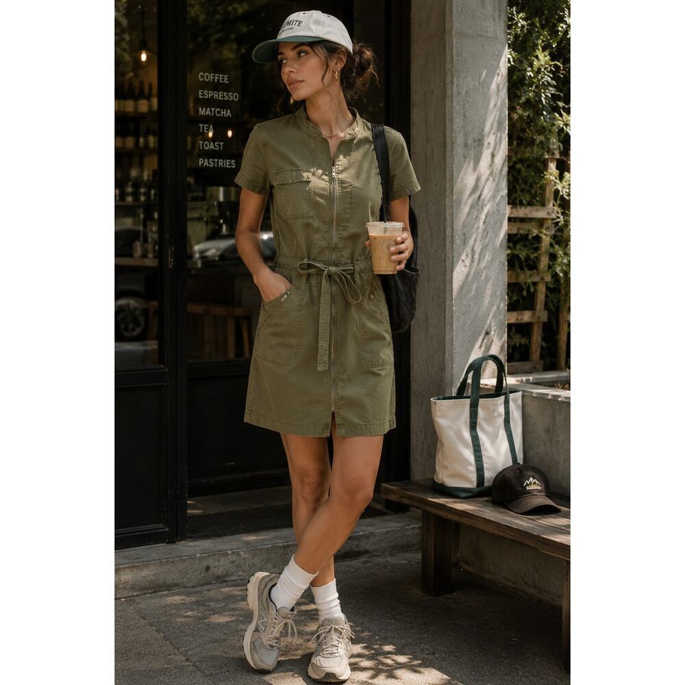 Vintage Esprit Utility Cargo Dress Olive Green Safari Gorpcore Zip Front Size 8